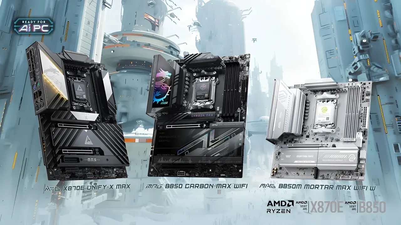 Drei MSI-Mainboards (X870E, B650, B650M) für AMD Ryzen Prozessoren, bereit für die AMD EXPO.