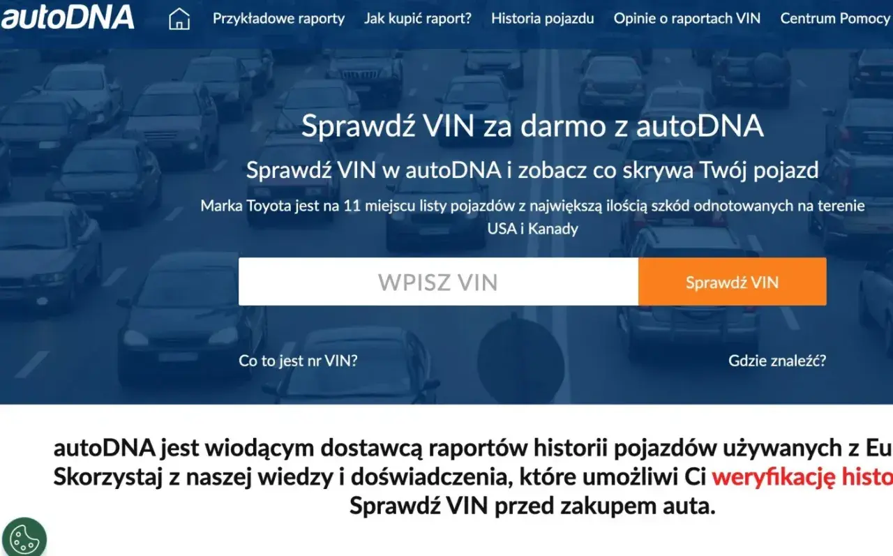 Sprawdź historię pojazdu z autoDNA. Wpisz numer VIN, by uzyskać wiarygodne autodna opinie i weryfikację auta przed zakupem.