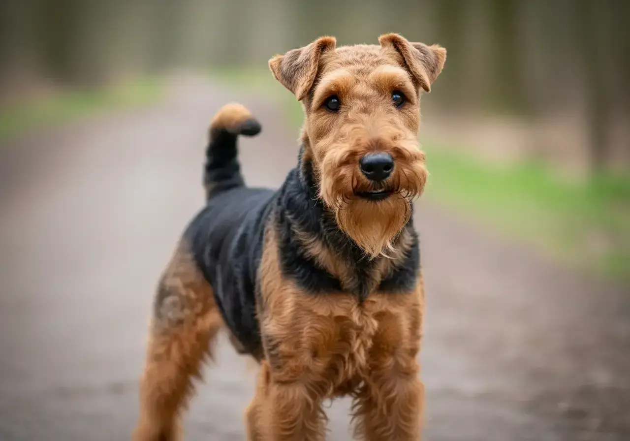Ein aufmerksamer Welsh Terrier steht auf einem Weg im Wald.