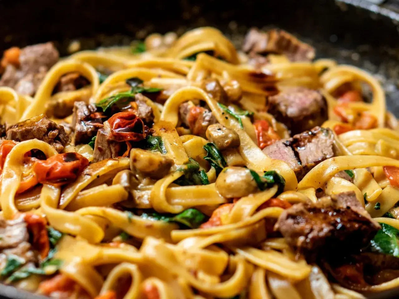 Délicieuses pâtes aux morceaux de bœuf, tomates cerises et champignons. Une idée parfaite pour savoir que faire avec un reste de pâtes !