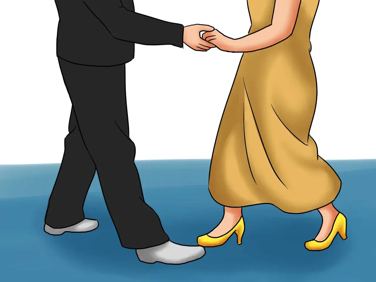 Coppia che balla bachata, lui in abito scuro, lei in vestito giallo. I loro piedi si muovono con grazia sul pavimento blu.