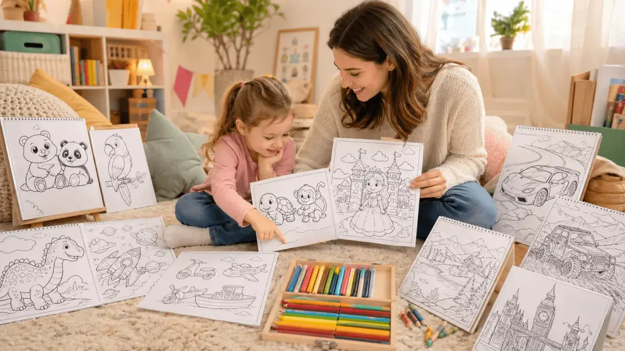 Niña y madre disfrutan de un libro de **osito para colorear** y otros dibujos. Crayones listos para dar vida a la imaginación.