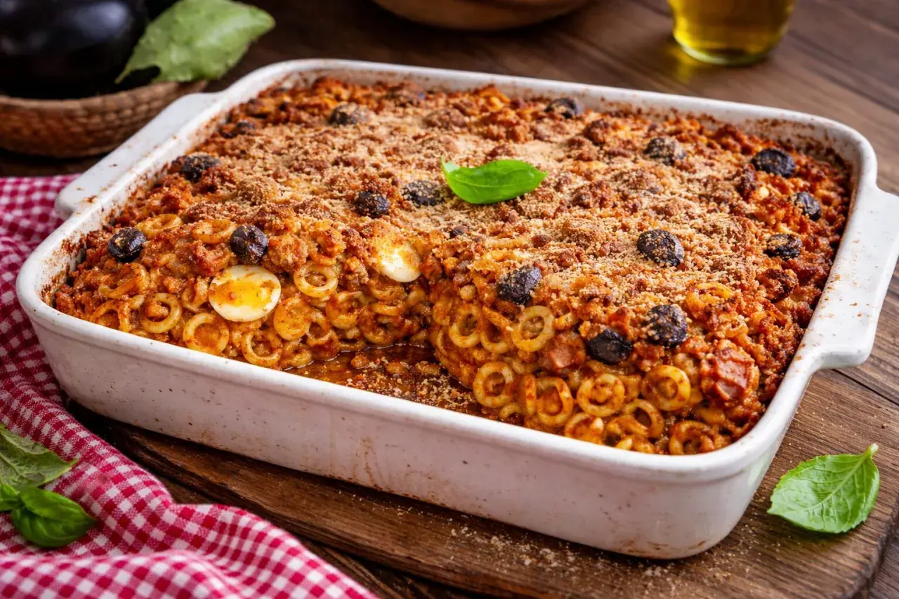 Piatto fumante di anelletti alla siciliana, con uova sode, olive nere e croccante panatura.