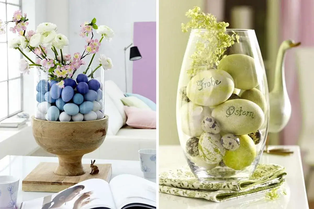 Vasetti pasquali fai da te con uova colorate e fiori, e un altro con pietre scritte "Frohe Ostern".