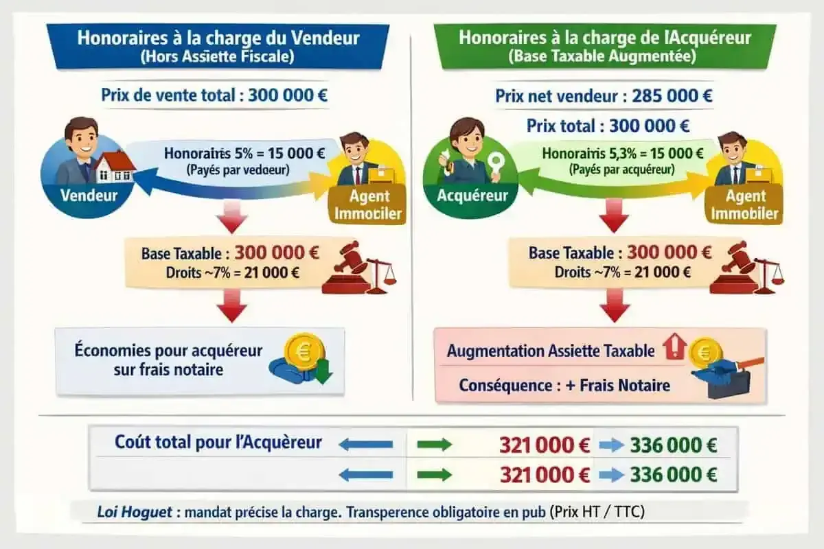Comparaison des frais d'agence immobilière vente : vendeur paie ou acquéreur paie, impact sur le coût total.