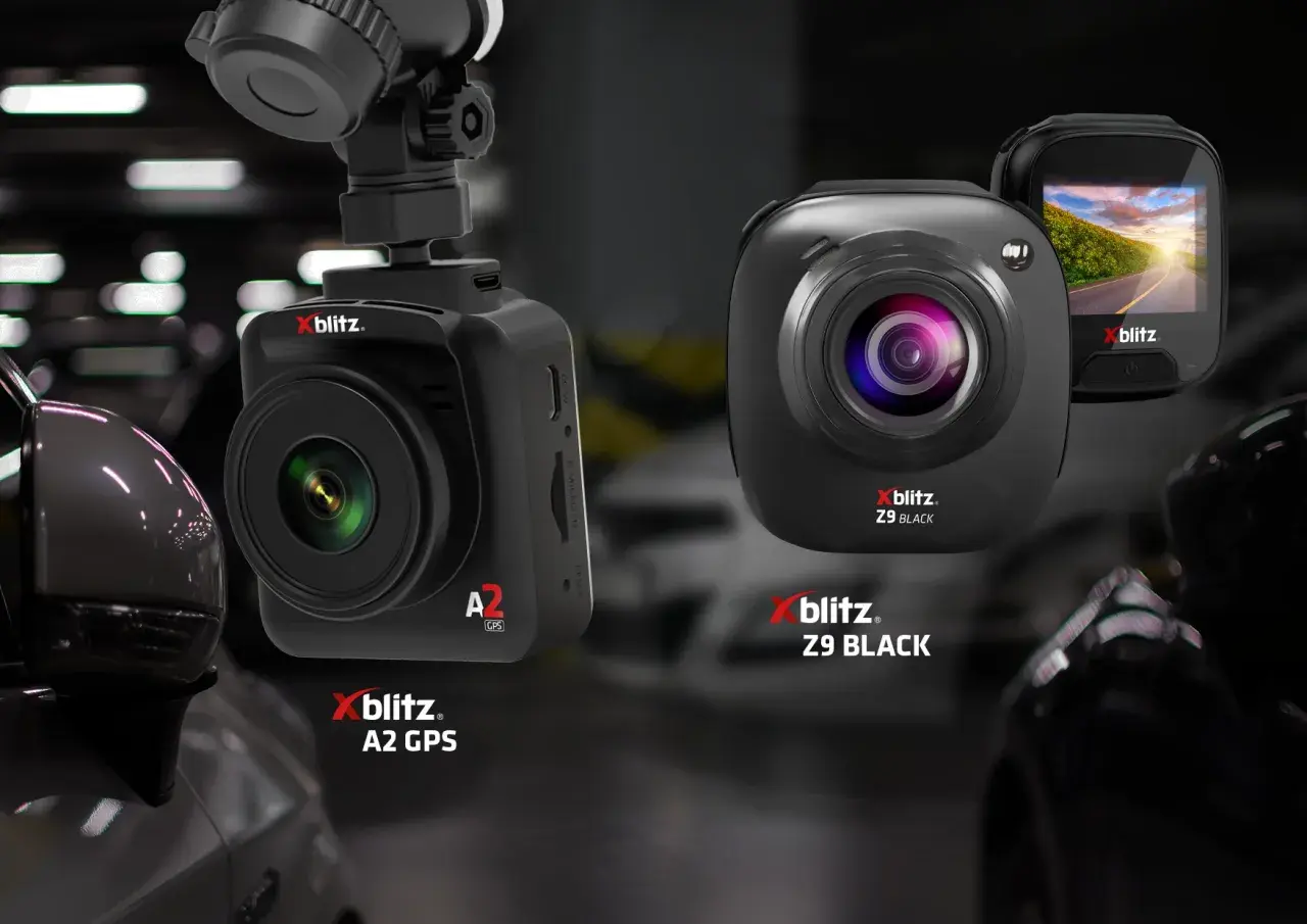 Dwie kamery samochodowe Xblitz: A2 GPS i Z9 BLACK. Zapewniają nagrywanie na postoju, chroniąc Twój pojazd.