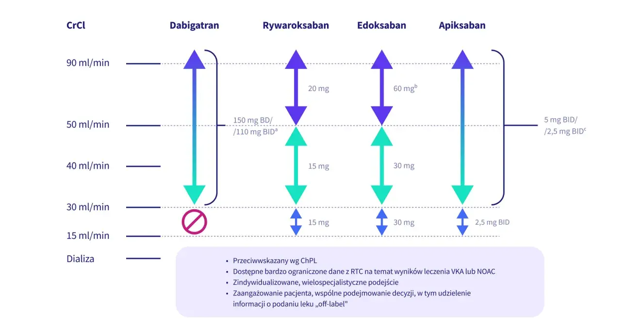 Wykres pokazuje dawkowanie leków przeciwzakrzepowych (dabigatran, rywaroksaban, edoksaban, apiksaban) w zależności od klirensu kreatyniny (CrCl). Pradaxa (dabigatran) ma specyficzne dawkowanie przy CrCl poniżej 30 ml/min.