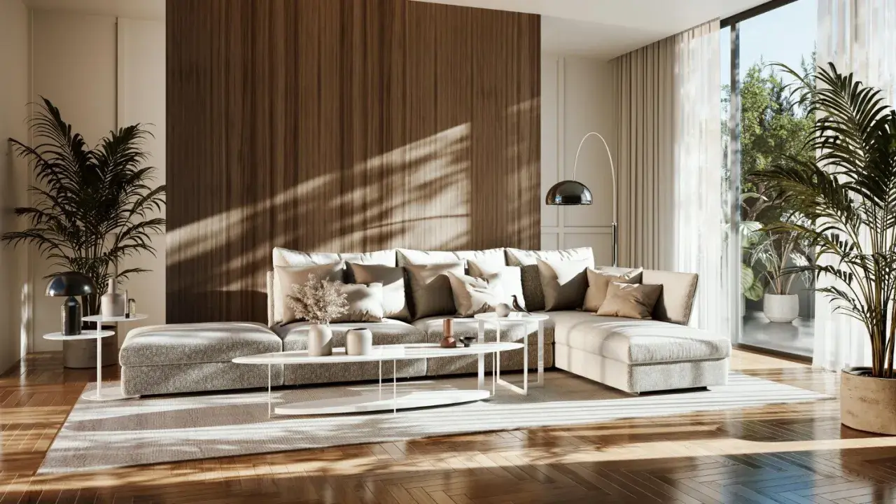 Przytulny salon w stylu japandi z dużą, szarą sofą, drewnianą ścianą i roślinami.
