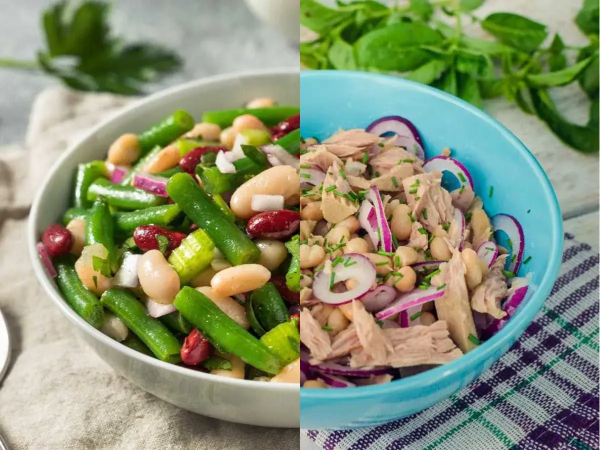 Dos ensaladas: una de alubias blancas con judías verdes y otra con atún, alubias blancas y cebolla morada.