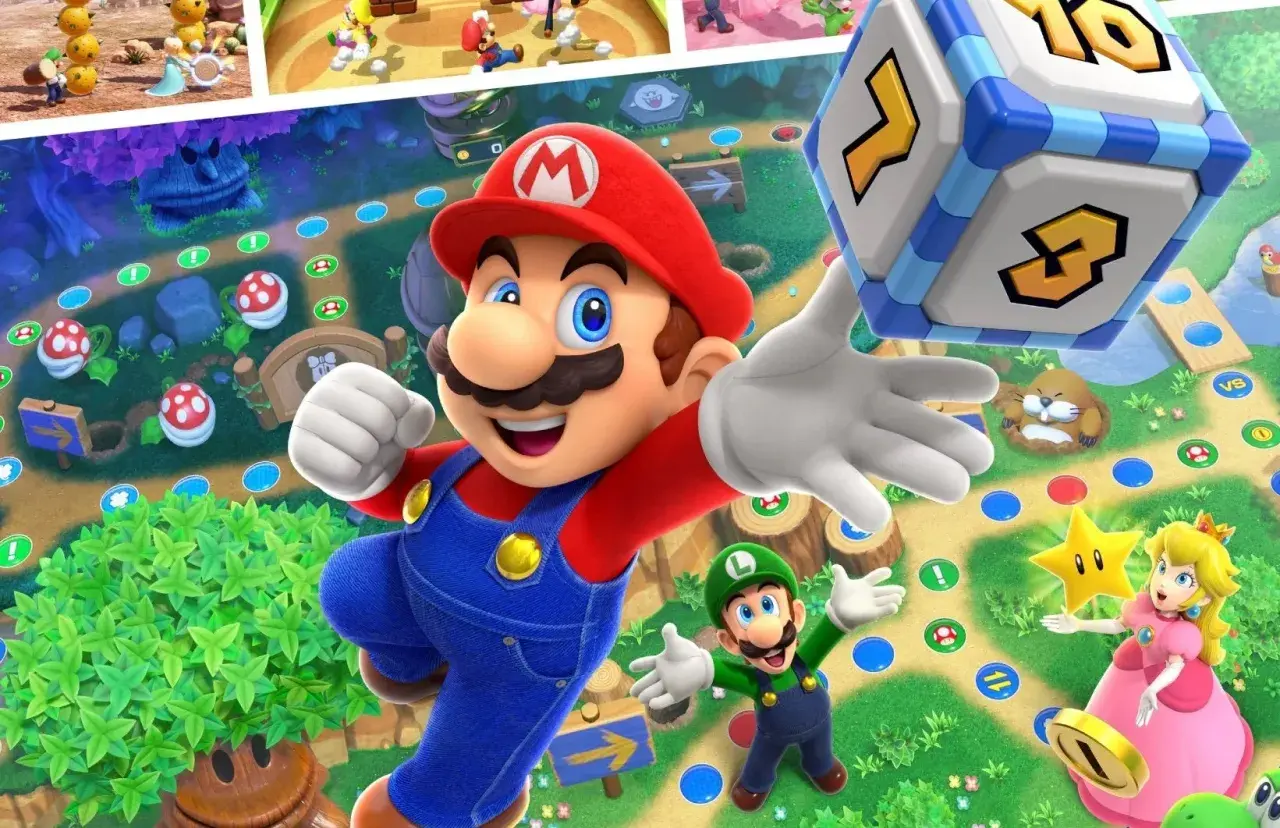 Mario, Luigi i Peach grają w Super Mario Party, rzucając kostką na kolorowej planszy.