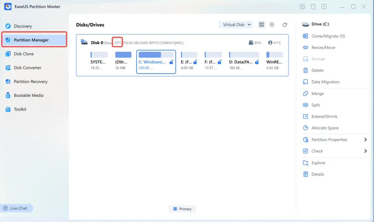 W programie EaseUS Partition Master widzisz, jak sprawdzić czy dysk jest MBR czy GPT. Dysk 0 ma oznaczenie GPT.