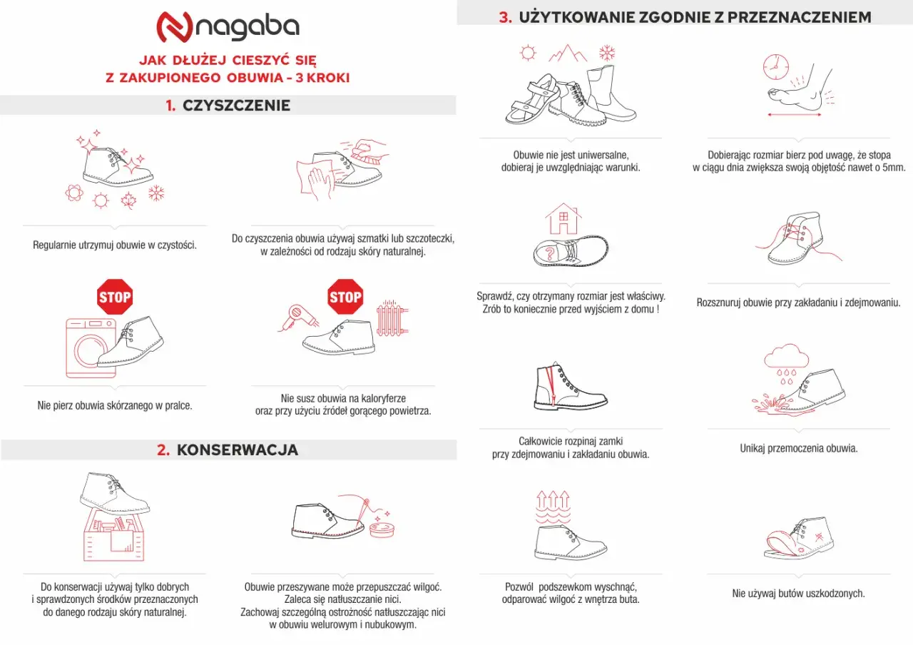 Instrukcja czyszczenia obuwia: używaj szmatki lub szczoteczki, nie pierz w pralce ani nie susz na kaloryferze.