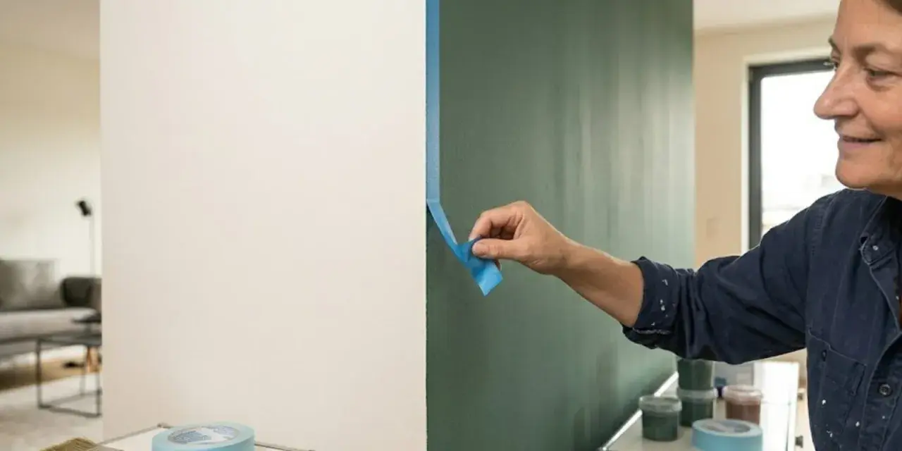 Frau klebt mit blauer Klebefolie einen sauberen Rand, um die Wand streichen zu können.