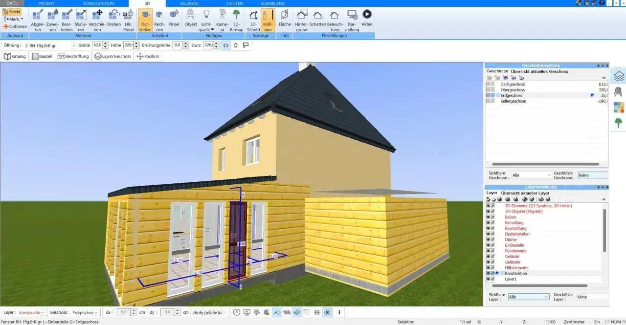 3D-Modell eines Hauses mit Anbau. Der umbaute Raum im Dachgeschoss ist sichtbar.