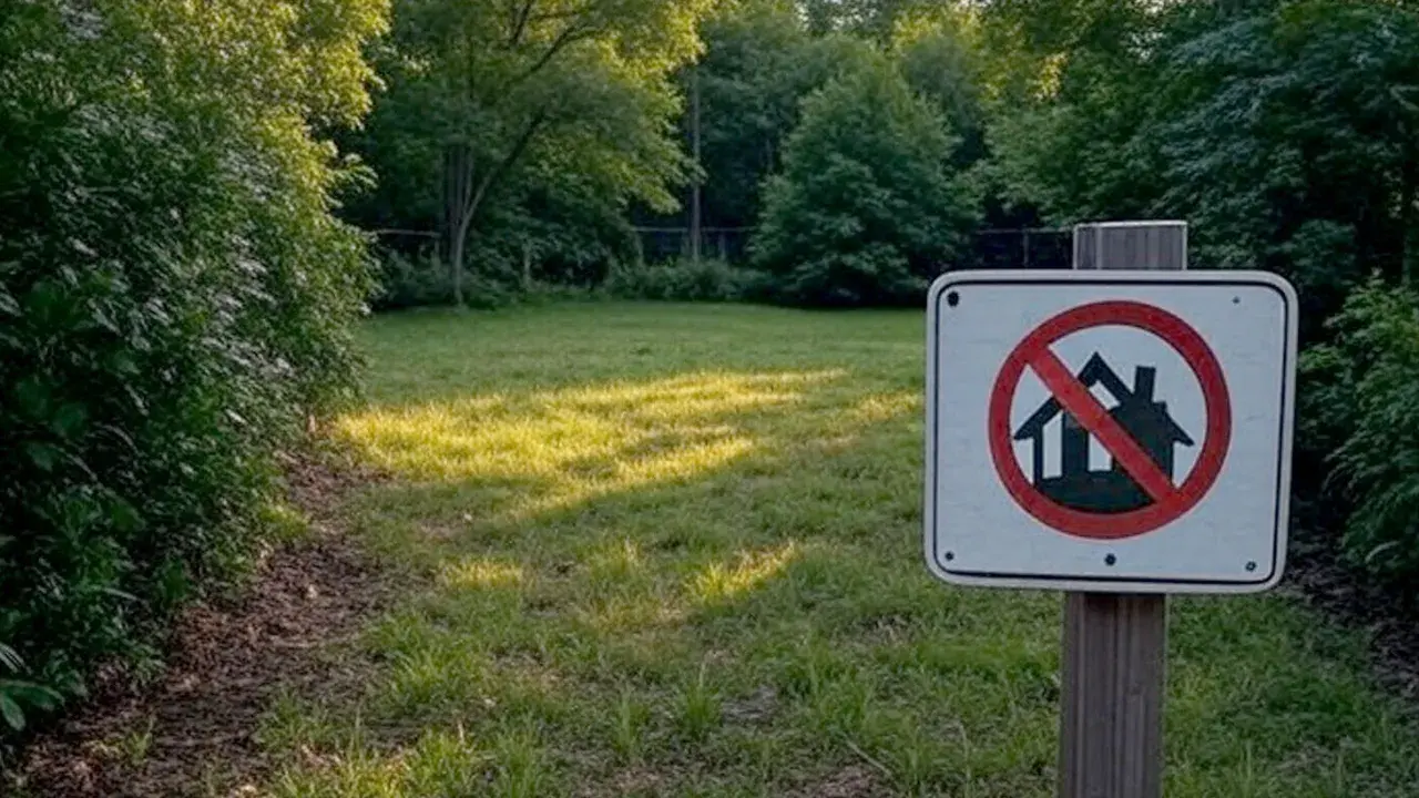 Znak zakazu budowy domów jednorodzinnych na tle zielonego, słonecznego placu.