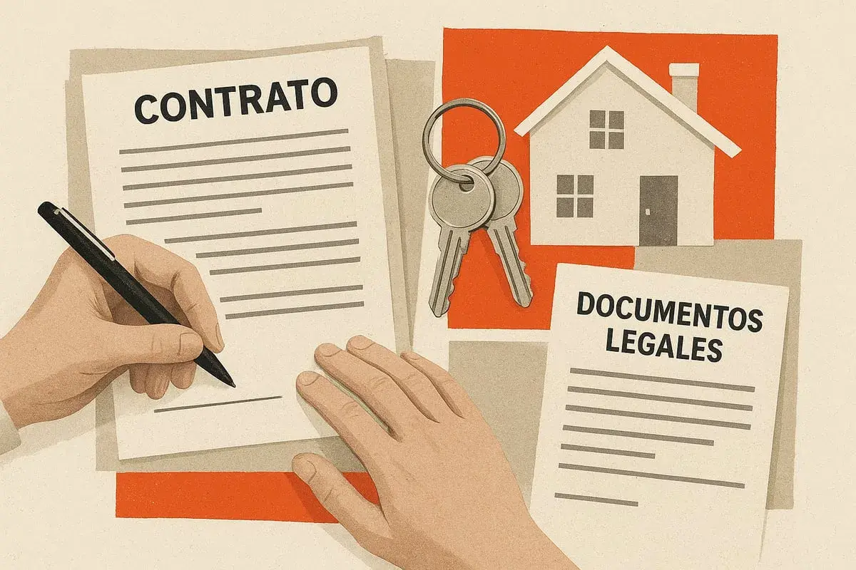 Man firmando un contrato de arras para comprar una casa, con llaves y documentos legales.