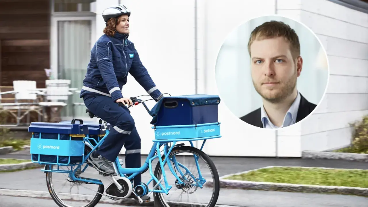PostNord-cykelbud levererar post varannan dag. I en cirkel syns en man i kostym.