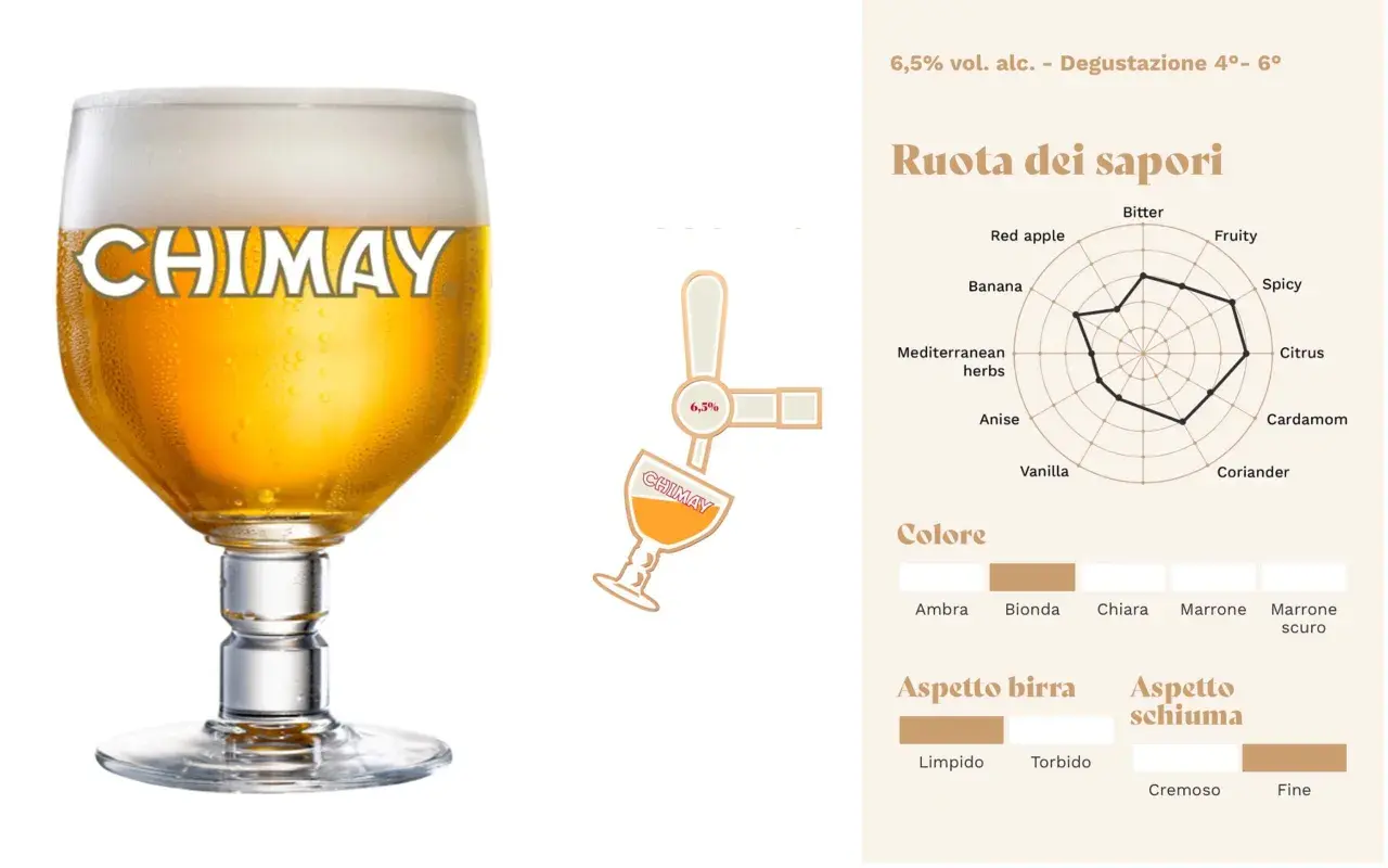 Un bicchiere di birra Chimay dorata, con schiuma bianca. Accanto, una ruota dei sapori e dettagli sul colore e aspetto, utili per le birra Chimay recensioni.