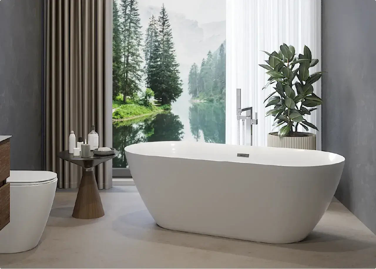 Bagno moderno con vasca freestanding e vista lago. Soluzione ideale per rivestire vasca da bagno rovinata con stile.