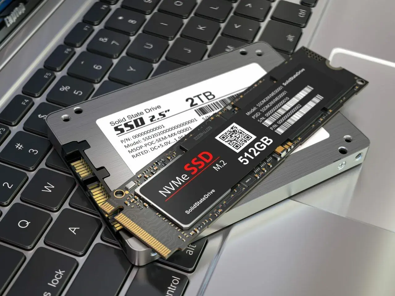 Dwa dyski SSD: 2.5" 2TB i M.2 NVMe 512GB, leżące na klawiaturze laptopa. Jaki dysk SSD do laptopa wybrać?