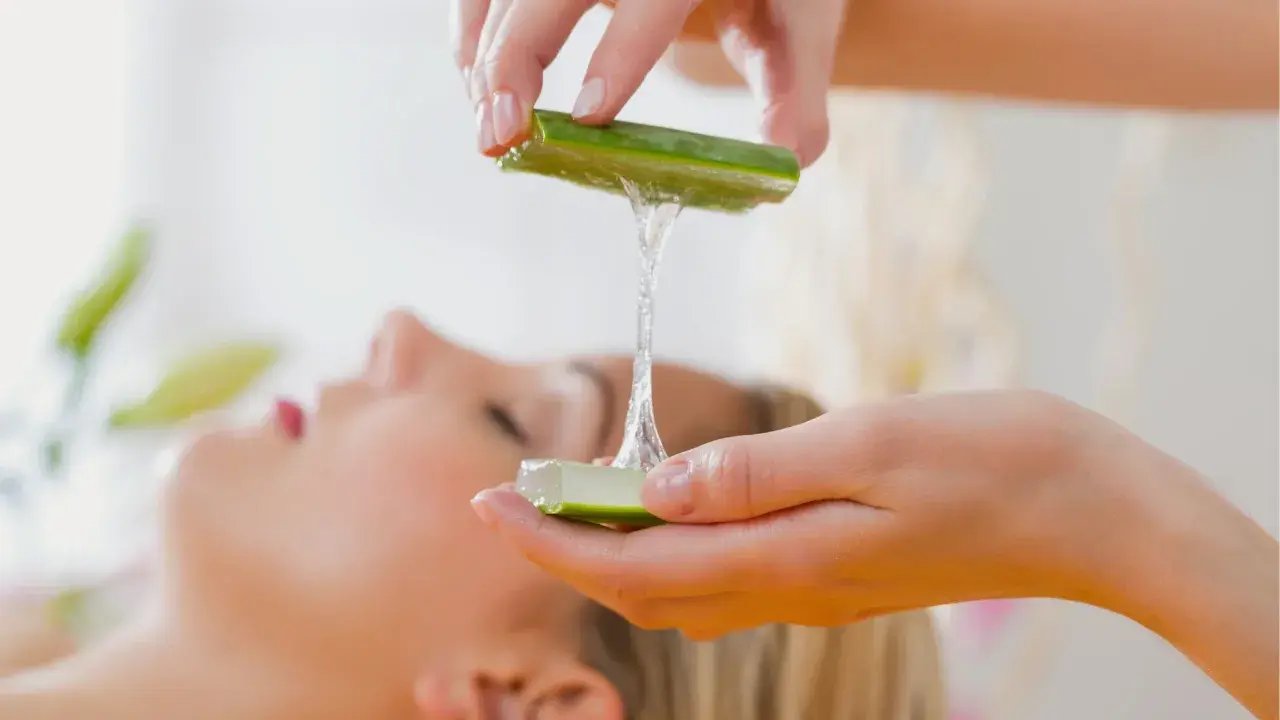 Manos aplican gel de aloe vera en el pelo de una mujer, para un tratamiento de belleza natural.