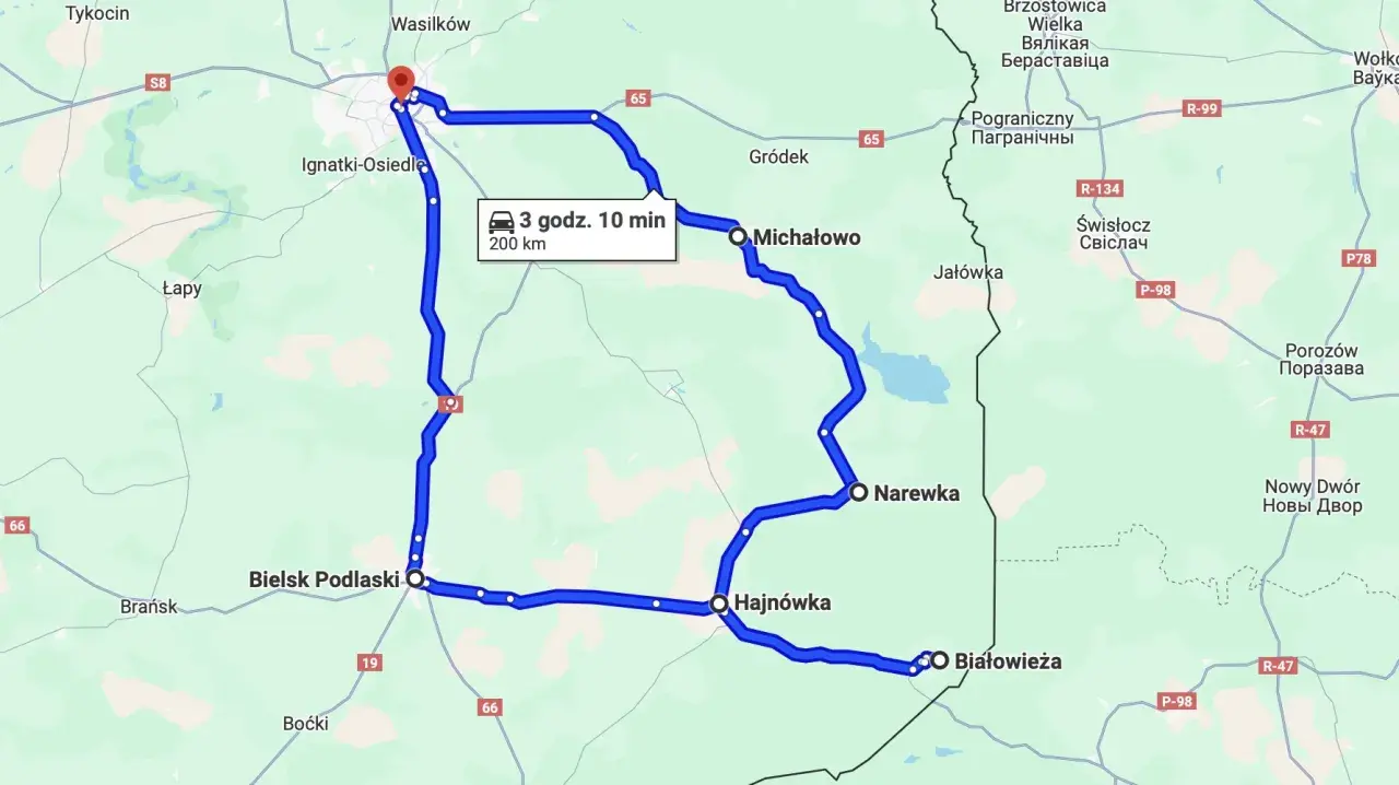 Trasa samochodowa przez puszczę białowieską i okolice. Szlaki wiodą przez Bielsk Podlaski, Hajnówkę, Białowieżę, Narewkę, Michałowo.