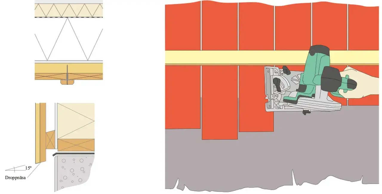 Sågas en stående panel med en cirkelsåg. Detaljer visar takkonstruktion och droppnäsa.