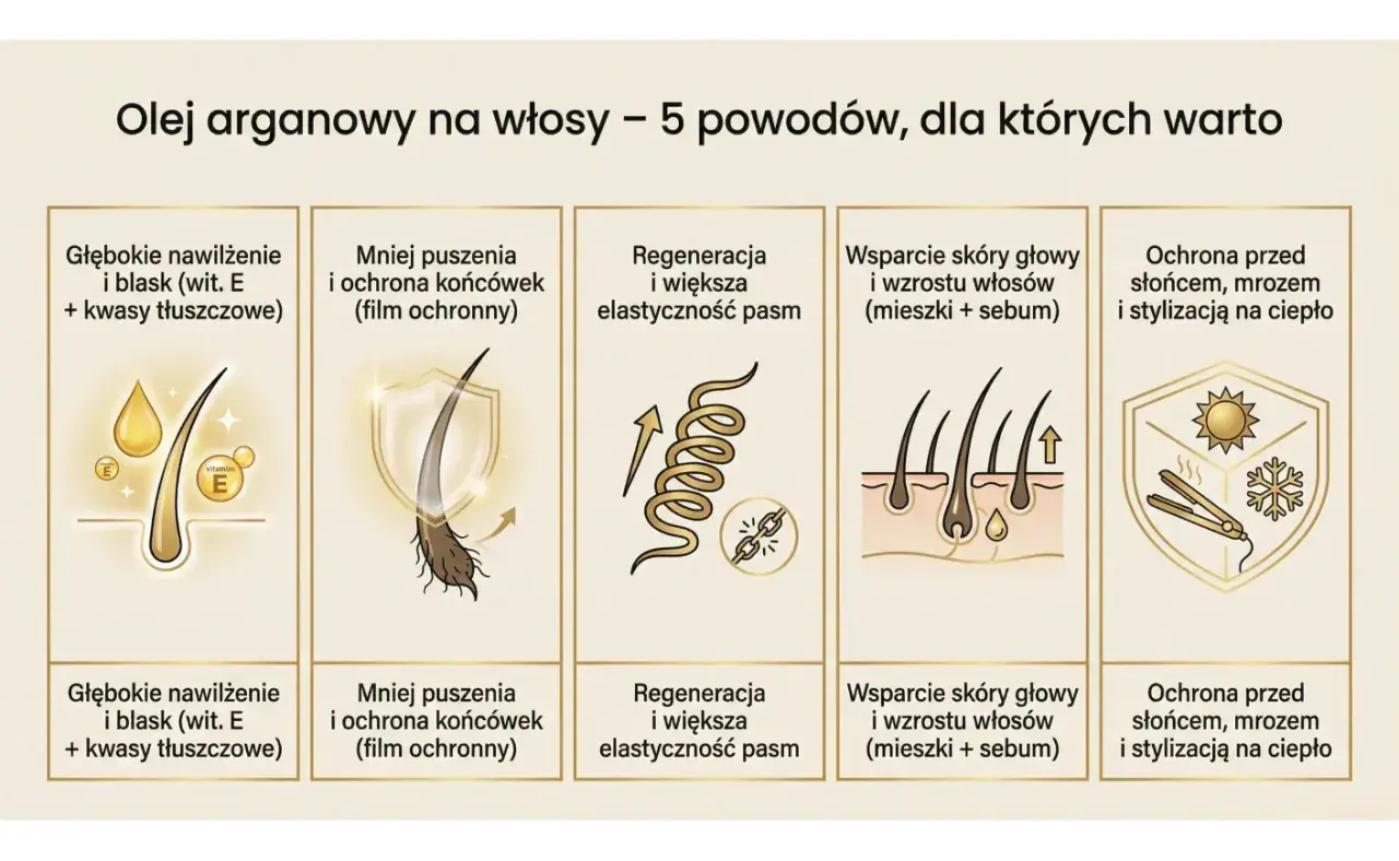 Olej arganowy do włosów: nawilża, chroni końcówki, regeneruje, wspiera skórę głowy i chroni przed słońcem, mrozem i ciepłem.