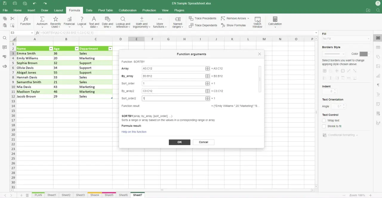 Excel mostra la funzione SORTBY per ordinare i dati in ordine crescente per nome, età e reparto.