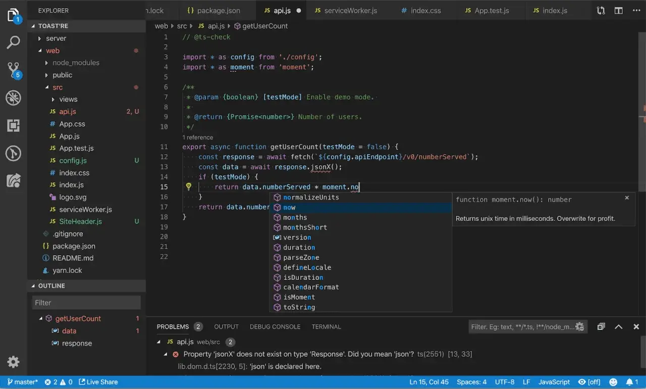 Kod JavaScript używa template literals do tworzenia URL, a podpowiedź sugeruje użycie `moment.now()` do pobrania aktualnego czasu.