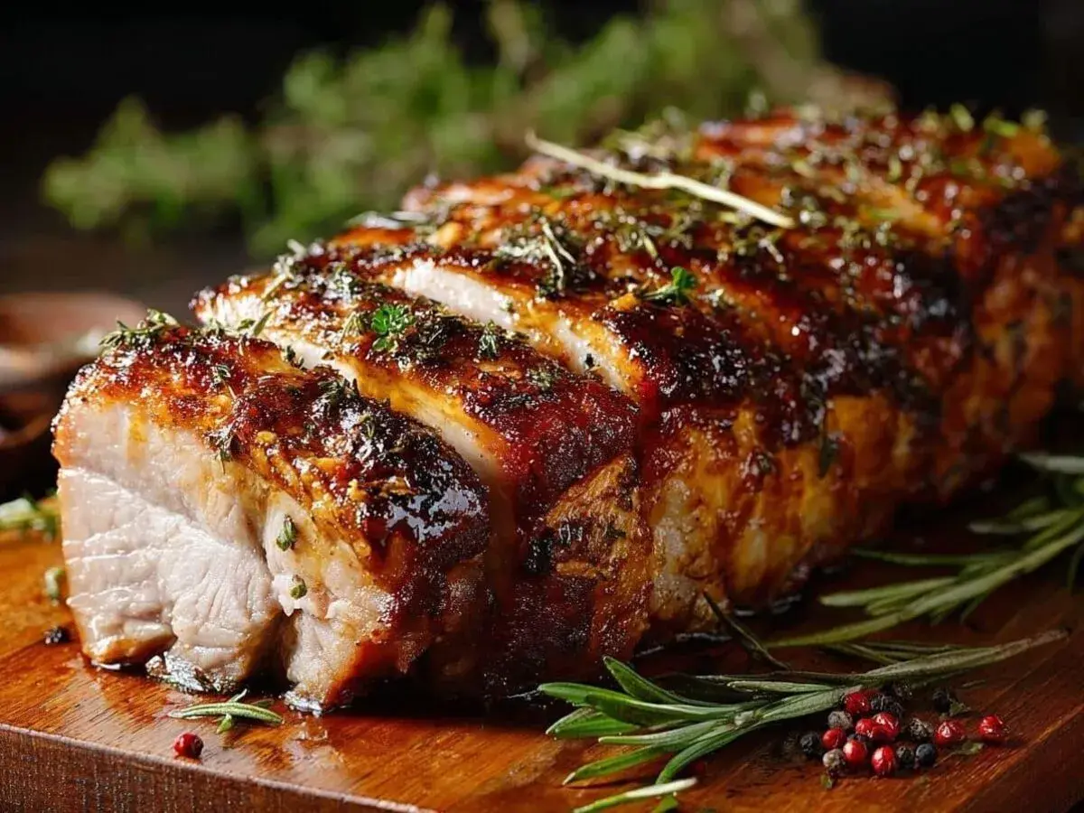 Un délicieux roti de porc au four, laqué et parsemé d'herbes, prêt à être dégusté.