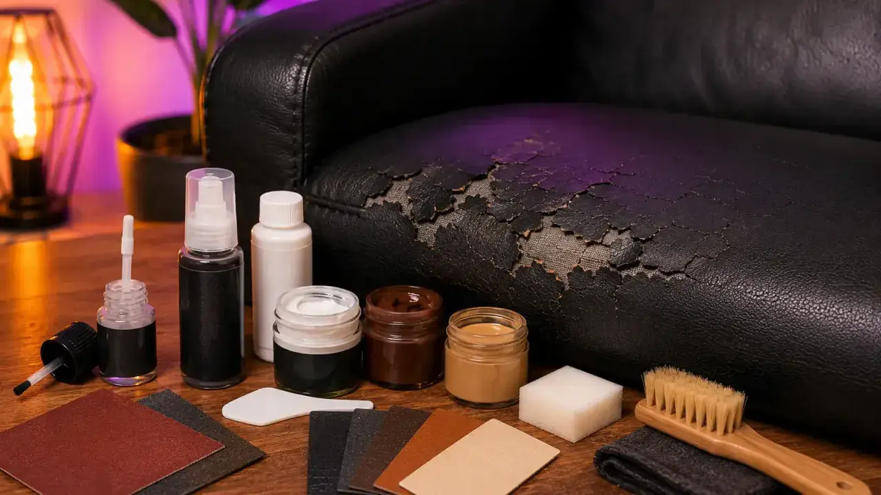 Kit de réparation pour simili cuir abîmé. Des produits pour nettoyer et recolorer, une éponge, une brosse et des échantillons pour savoir comment enlever de la colle sur du simili cuir.