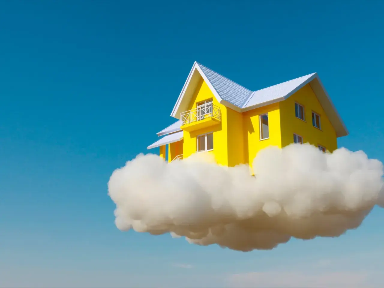 Una casa amarilla flotando en una nube, como si fuera un sueño con el interior de una casa perfecta.
