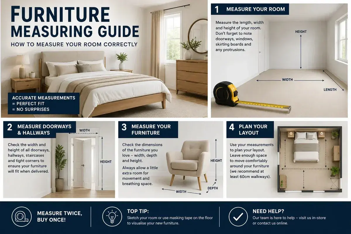 Furniture measuring guide showing how to measure rooms, doorways, and furniture to ensure perfect fit. Includes tips on planning layout and standard furniture dimensions.