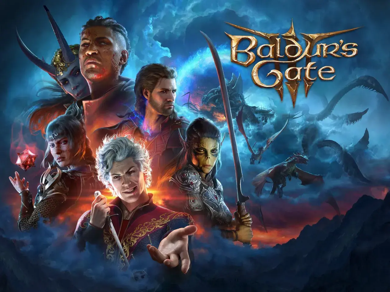 Postacie z gry **Baldur's Gate** w otoczeniu smoków i mrocznych chmur.