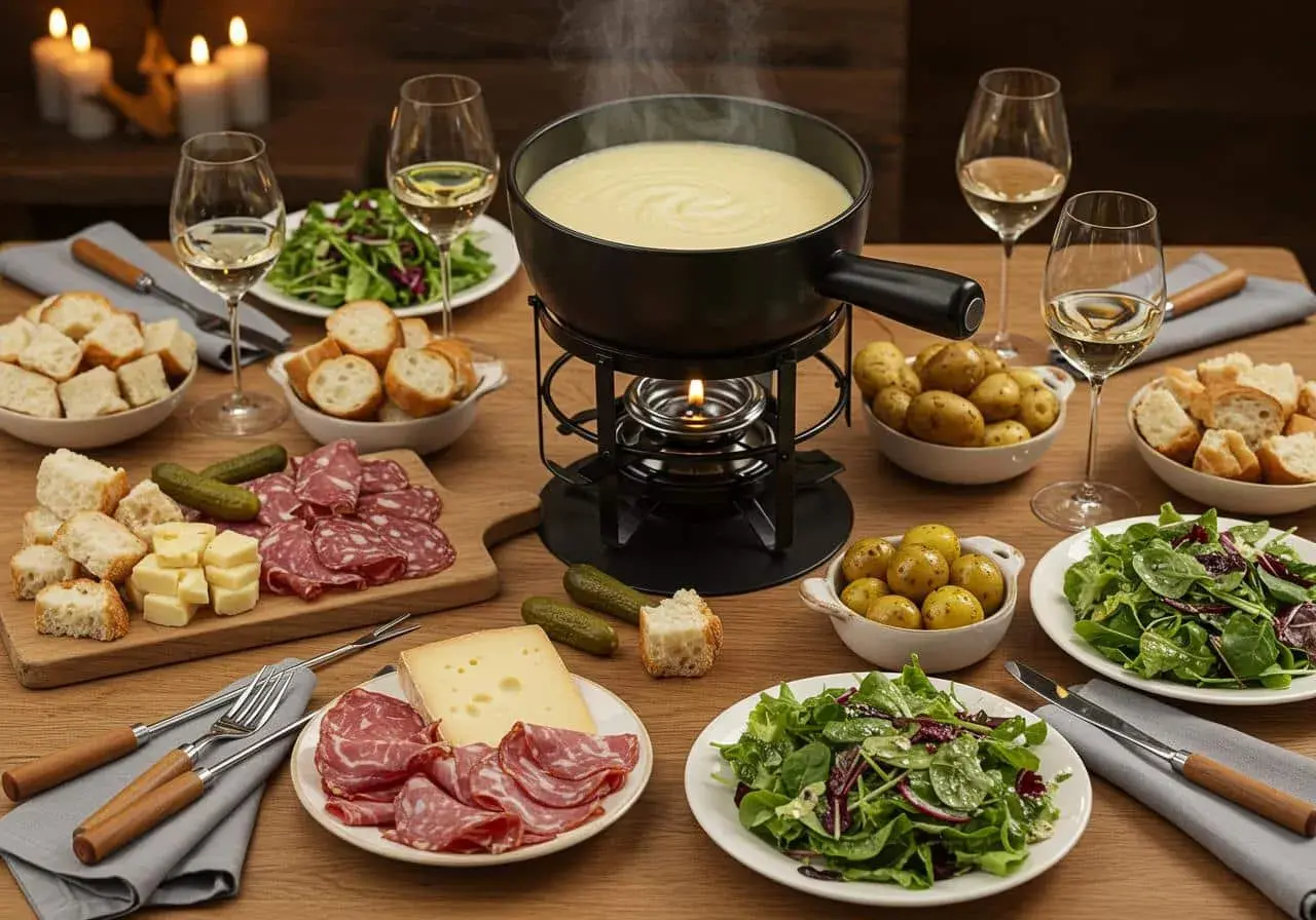 Un festin de fondue avec pain, charcuterie, pommes de terre et salade verte. Un accompagnement parfait pour une soirée conviviale.