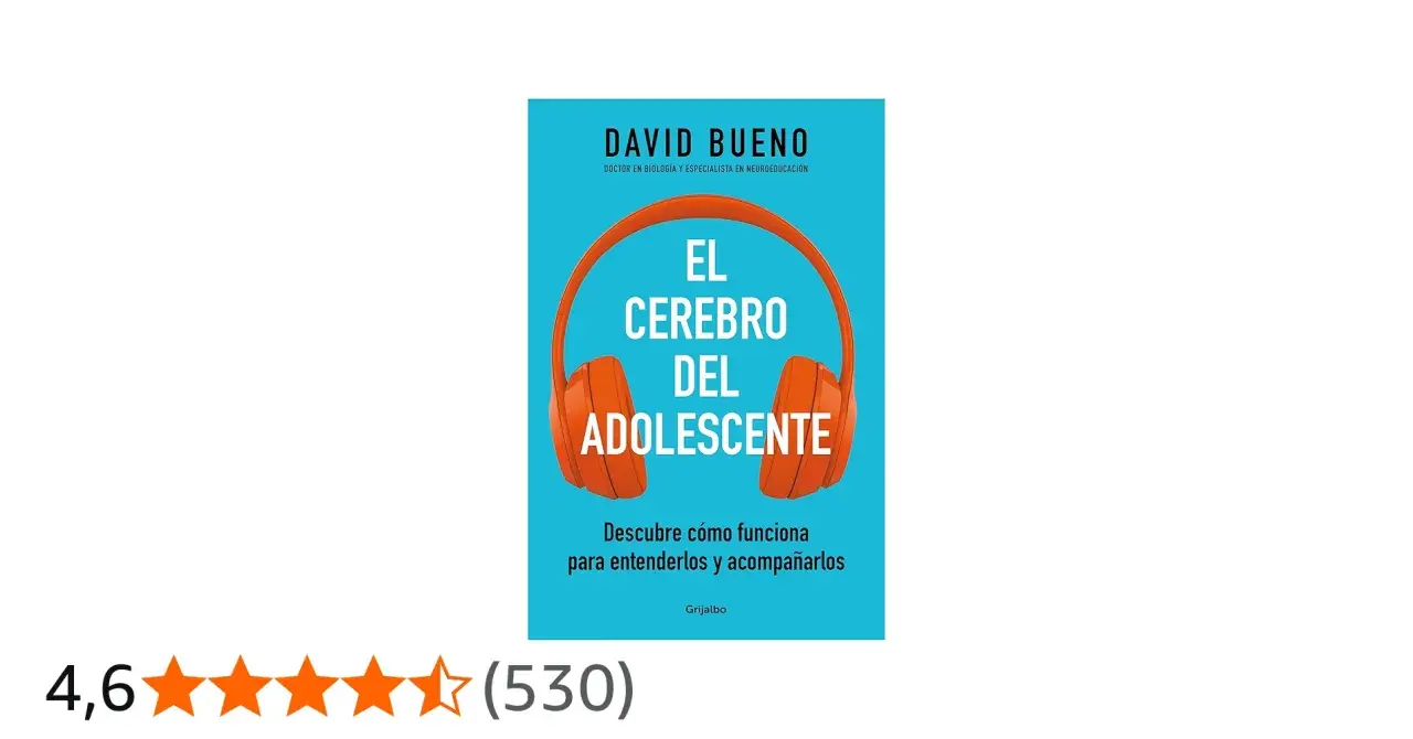 Portada del libro "El cerebro del adolescente" de David Bueno, con auriculares naranjas.