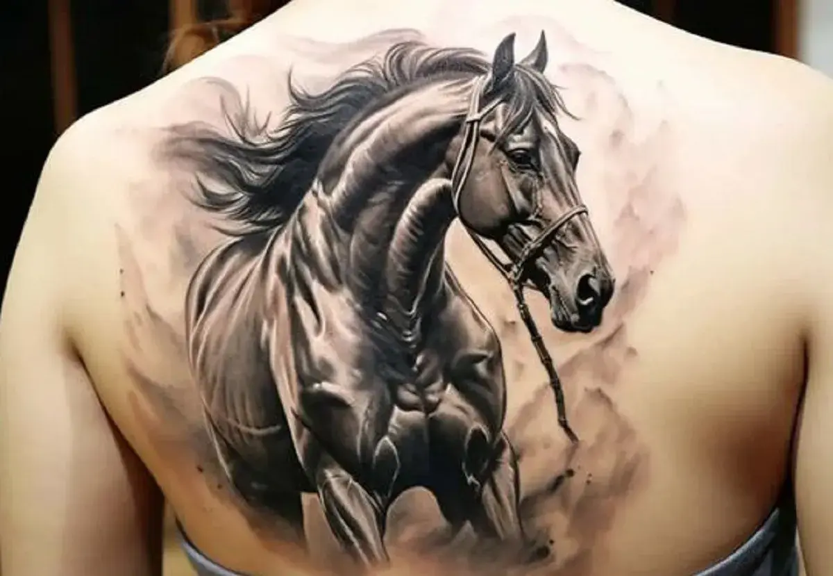 Realistyczny tatuaż konia na plecach. Symbolizuje wolność, siłę i pasję. To znaczenie tatuażu konia jest uniwersalne.