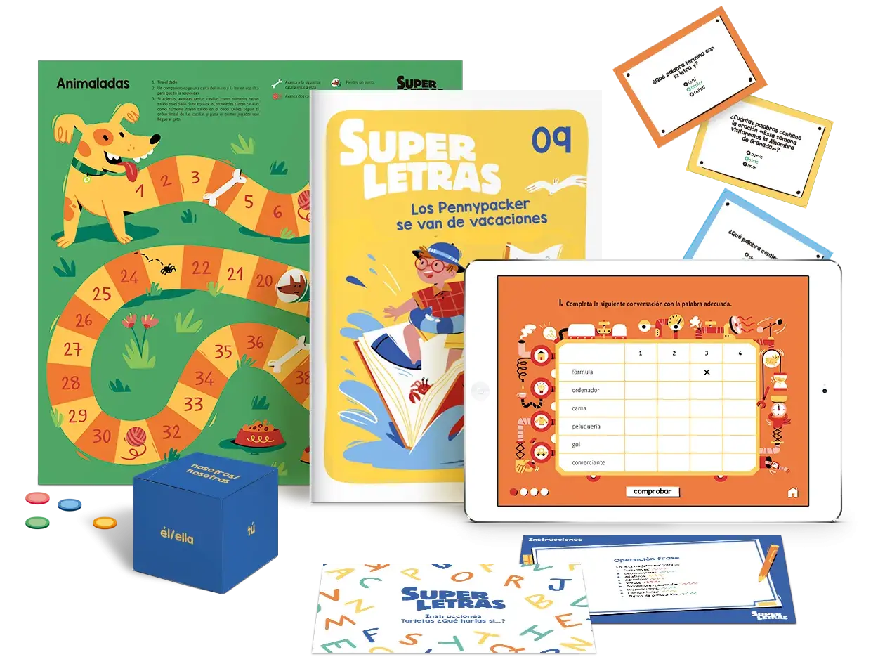 Juego de mesa "Animaladas" con un tablero de recorrido, un dado de pronombres y tarjetas con ejercicios de lengua. Una tablet muestra un juego interactivo de completar palabras.