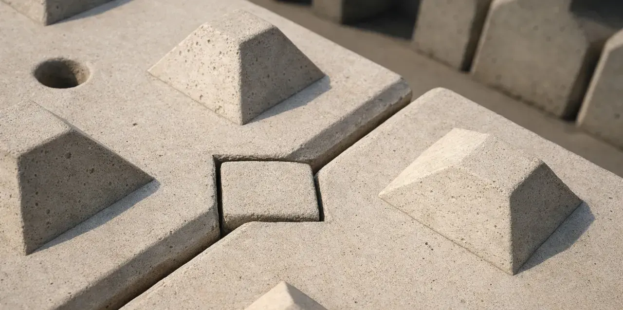 Betonowe pustaki szalunkowe z widocznymi wymiarami i otworami, gotowe do budowy.