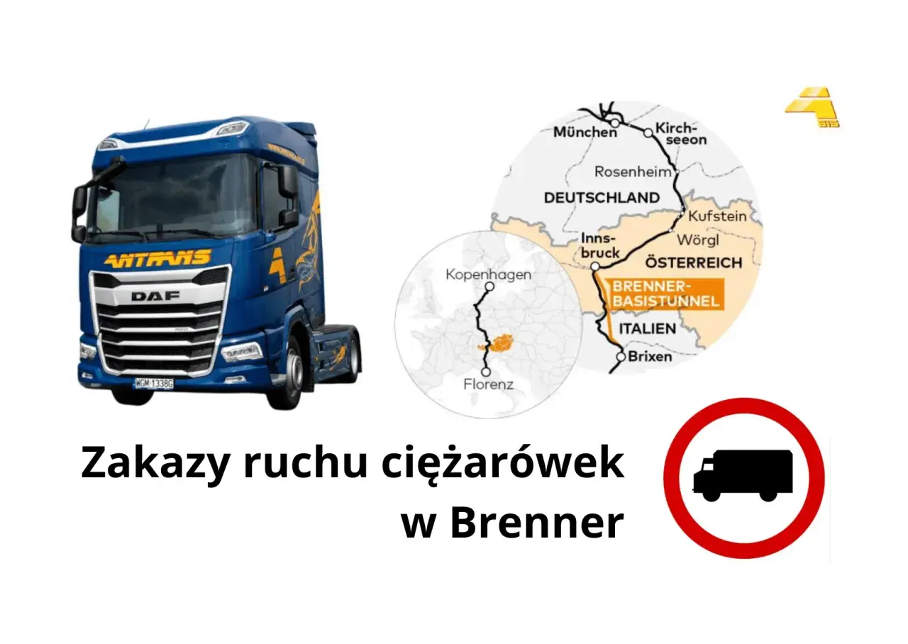 Niebieska ciężarówka DAF i mapa pokazująca trasę przez Brenner. Zakazy ruchu ciężarówek w Brenner.