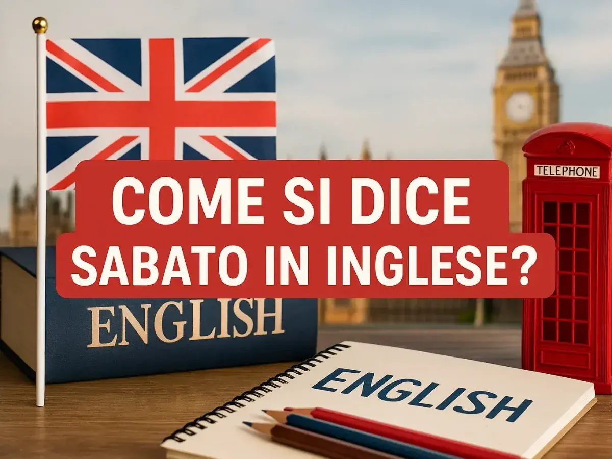 Impara come si scrive sabato in inglese con questa immagine a tema britannico, che include la Union Jack, un libro di inglese e una cabina telefonica rossa.