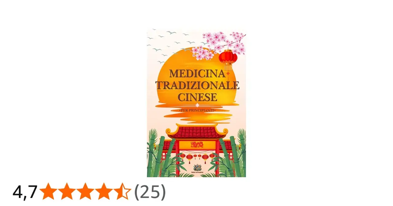 Copertina di un libro sulla medicina tradizionale cinese, con un sole arancione, fiori di ciliegio, lanterne rosse e un cancello tradizionale.