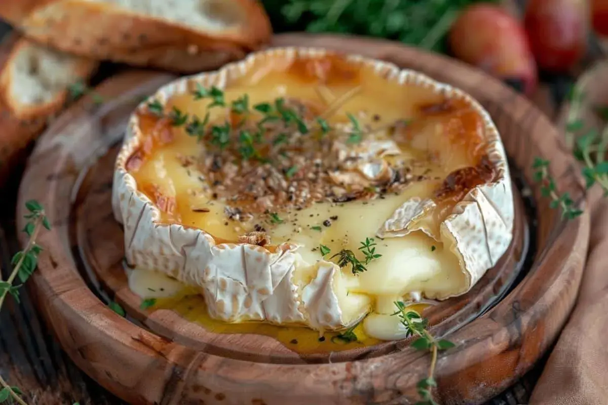 Un camembert braisé fondant, garni de thym et de poivre, prêt à être dégusté avec du pain croustillant.