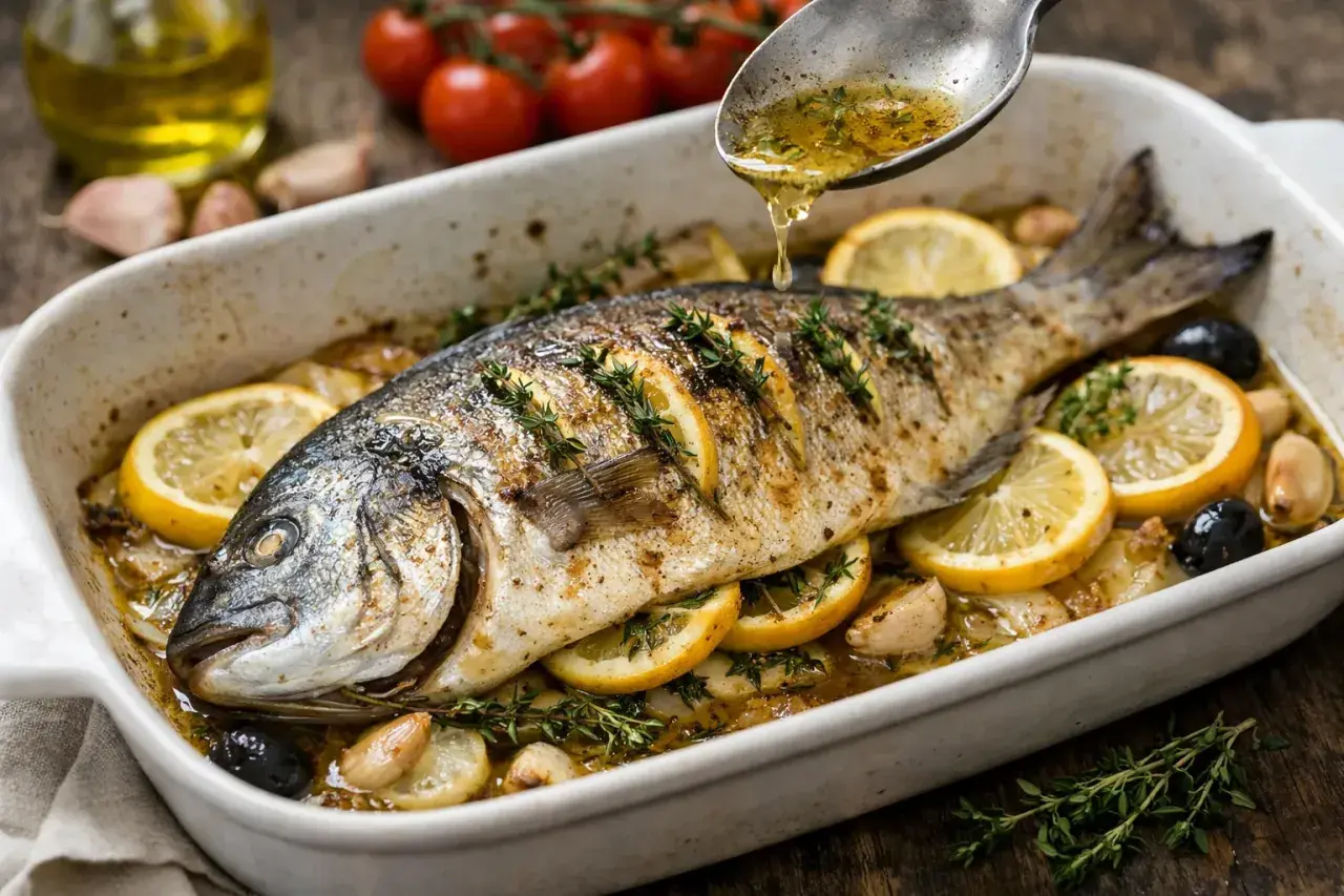 Dorade royale entière, garnie de rondelles de citron et de thym, arrosée d'une sauce savoureuse. Un délice de dorade royale plancha.