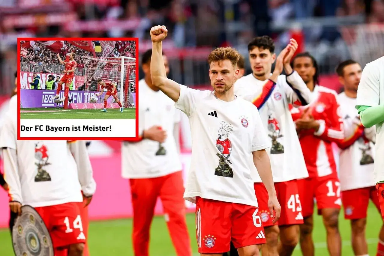 Piłkarze Bayernu świętują, jeden z nich podnosi pięść. W tle widać fragment z informacją "Der FC Bayern ist Meister!", sugerującą sukcesy w Pucharze Niemiec – statystyki.