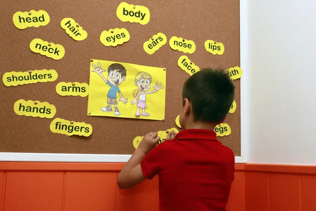 Niño participa en actividades de inglés infantil, asociando palabras como "head" y "body" a un dibujo.