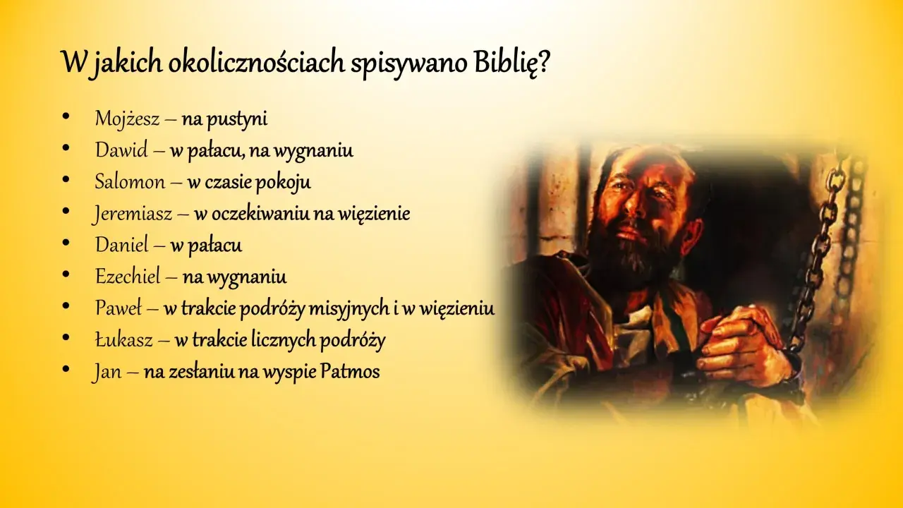 Kto napisał Biblię? Lista autorów i okoliczności: Mojżesz na pustyni, Dawid w pałacu, Salomon w pokoju, Jan na Patmos.