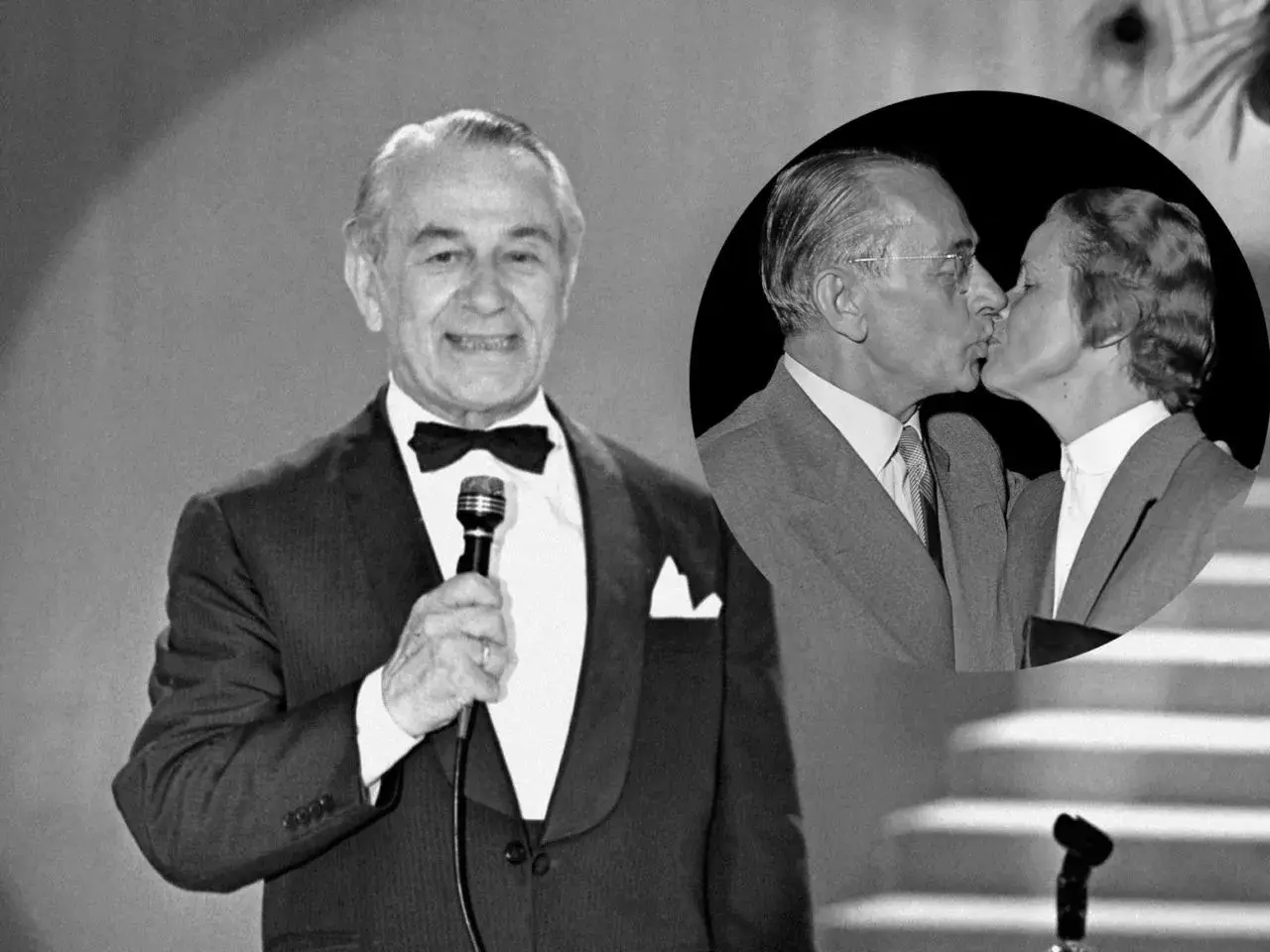 Mieczysław Fogg z mikrofonem i w tle pocałunek z ukochaną – jego podwójne życie.