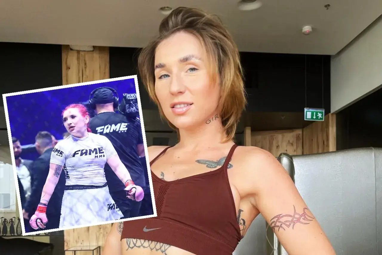 Marta Linkiewicz w stroju FAME MMA, gotowa do walki. W tle widać ekipę filmową, a na pierwszym planie Marta w sportowym topie.